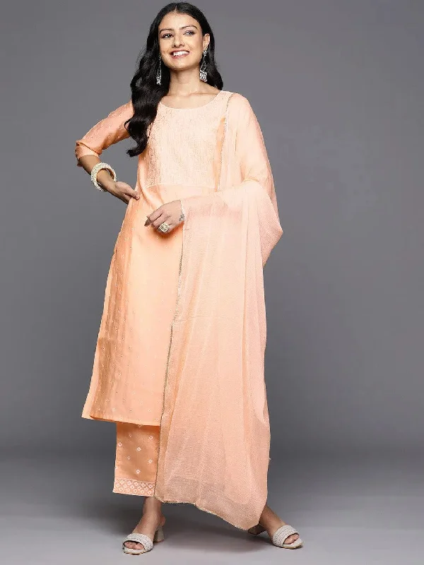 Peach Printed Silk Blend Straight Kurta With Trousers & Dupatta Trousers Mesh Breathable Peach Printed Silk Blend Straight Kurta With Trousers & Dupatta Trousers Mesh Breathable