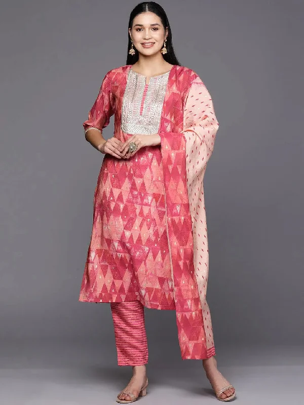 Coral Yoke Design Silk Blend Straight Kurta With Trousers & Dupatta Trousers Satin Smooth Coral Yoke Design Silk Blend Straight Kurta With Trousers & Dupatta Trousers Satin Smooth