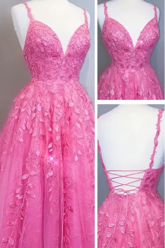 2021 hot pink A-line long prom dress with lace appliques    cg19639