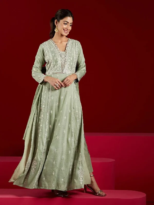 Libas Art Dusty Green Embroidered Silk Blend A-Line Kurta With Trousers & Dupatta Trousers Polka Dot Cute Libas Art Dusty Green Embroidered Silk Blend A-Line Kurta With Trousers & Dupatta Trousers Polka Dot Cute