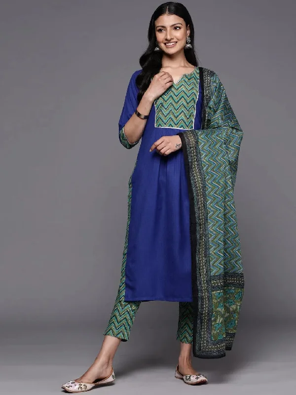 Blue Yoke Design Cotton Straight Kurta With Trousers & Dupatta Trousers Corduroy Warm Blue Yoke Design Cotton Straight Kurta With Trousers & Dupatta Trousers Corduroy Warm