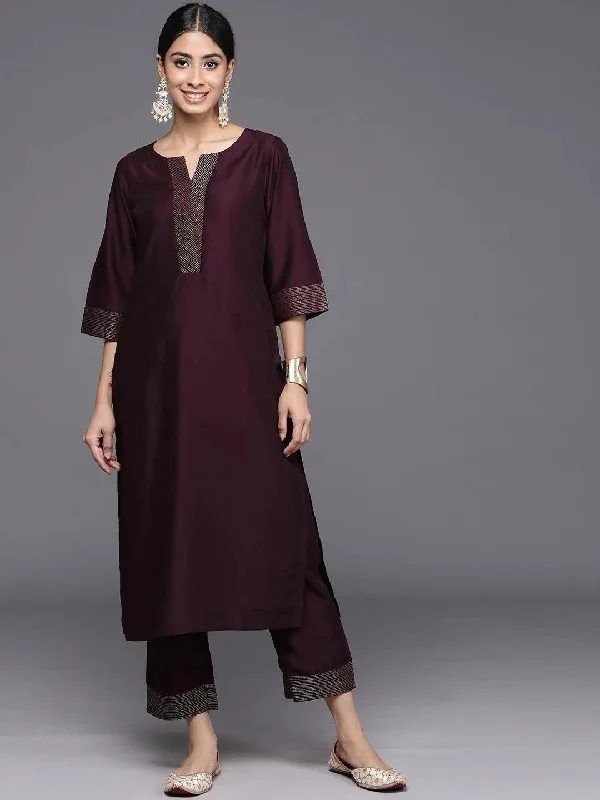 Burgundy Solid Silk Blend Straight Kurta With Trousers Trousers luxurious high-end