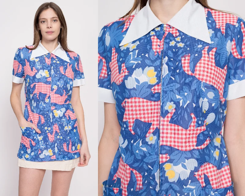 70s Novelty Gingham Horse Print Zip Up Shirt - Medium to Large Boxy Fit Fitted Loose