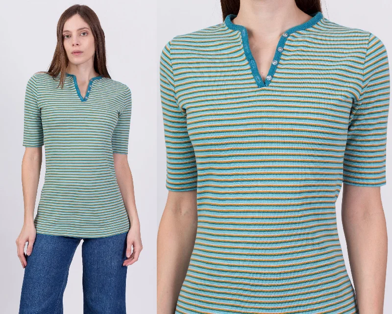 70s Retro Striped Henley Shirt - Small Mesh Fabric Canvas Fabric Denim Fabric