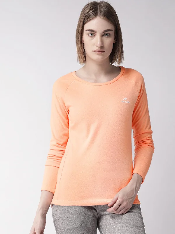 Alcis Women Peach-Coloured Solid Round Neck Sporty T-shirt Zippered Front Buttoned Front Snap Front Alcis Women Peach-Coloured Solid Round Neck Sporty T-shirt Zippered Front Buttoned Front Snap Front
