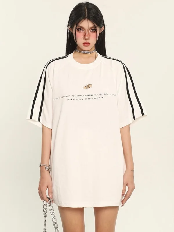 Alexandra Solid Color Graphic Letter Print Metal Design Short Stripe Sleeve Baggy Tee Top Ribbed T-Shirt High Neck Heavyweight Alexandra Solid Color Graphic Letter Print Metal Design Short Stripe Sleeve Baggy Tee Top Ribbed T-Shirt High Neck Heavyweight