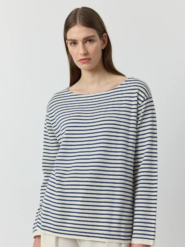 Breton Long Sleeve Tee - White/Indigo Collared Crew Neck Turtle Neck