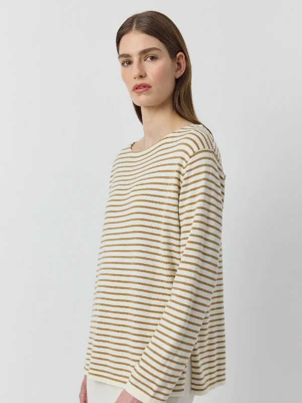 Breton Long Sleeve Tee - White/Camel Satin Blend Silk Blend Wool Blend