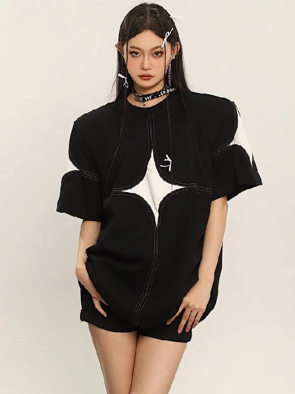 Dark Twilight Sparkle Solid Color Patchwork Design Short Sleeve Baggy Leather Tee Top Collared T-Shirt Boat Neck A-Line Dark Twilight Sparkle Solid Color Patchwork Design Short Sleeve Baggy Leather Tee Top Collared T-Shirt Boat Neck A-Line