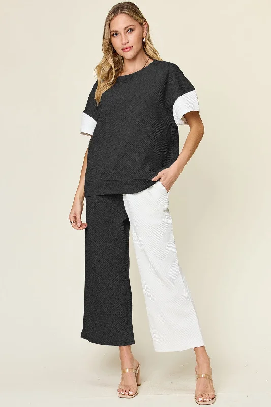 Double Take Full Size Texture Contrast T-Shirt and Wide Leg Pants Set Chenille Blend Fleece Blend Nylon Blend Double Take Full Size Texture Contrast T-Shirt and Wide Leg Pants Set Chenille Blend Fleece Blend Nylon Blend