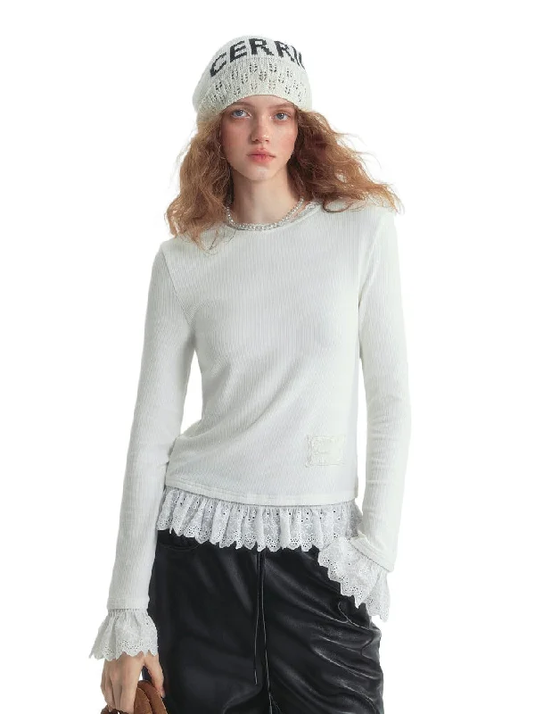 Lace Velvet Base Layer Long-Sleeve T-Shirt Front Pockets Side Pockets Patch Pockets