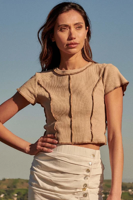 Loving Life Exposed-Seam Waffle Knit Tee Mesh Blend Leather Blend Suede Blend