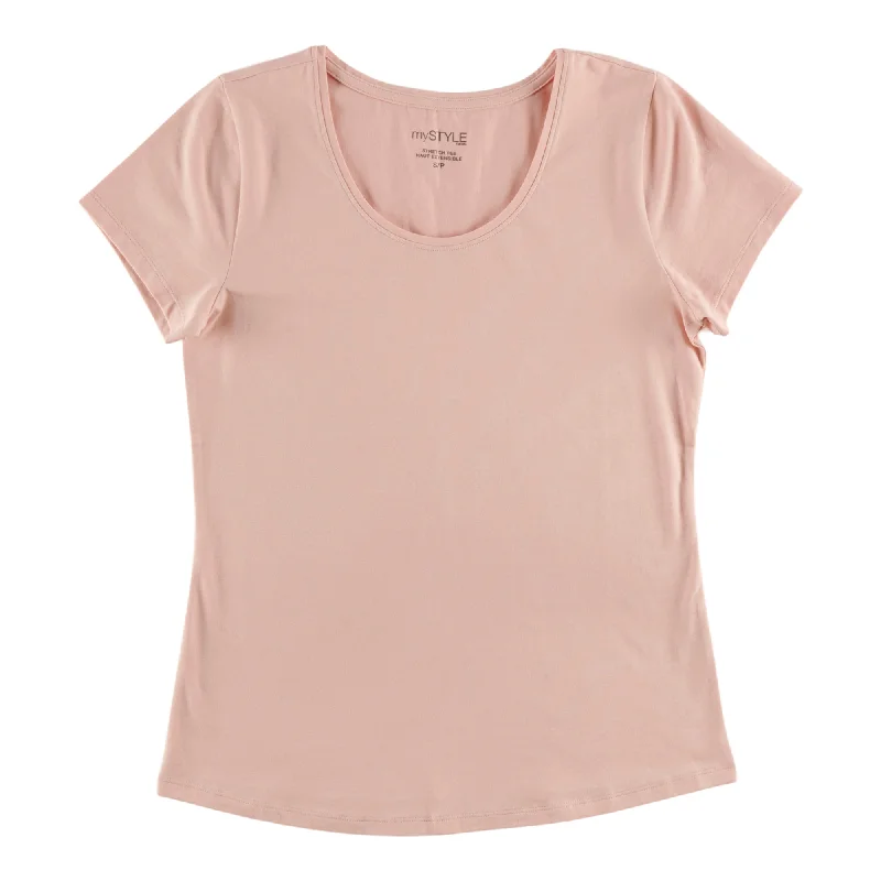 mySTYLE Women's Scooped Neck Stretch T-Shirt Denim Fabric Leather Fabric Suede Fabric mySTYLE Women's Scooped Neck Stretch T-Shirt Denim Fabric Leather Fabric Suede Fabric