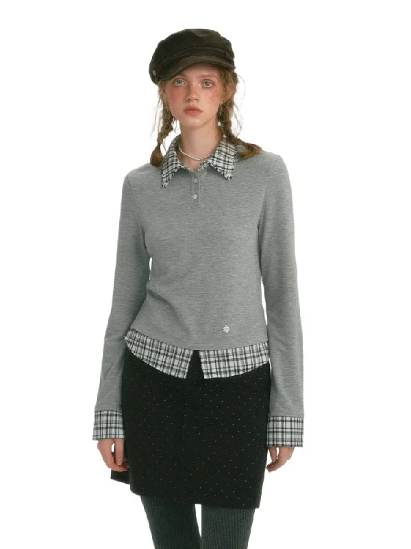 Plaid Casual Polo Long-Sleeve Shirt Polka Dot Checkered Tartan