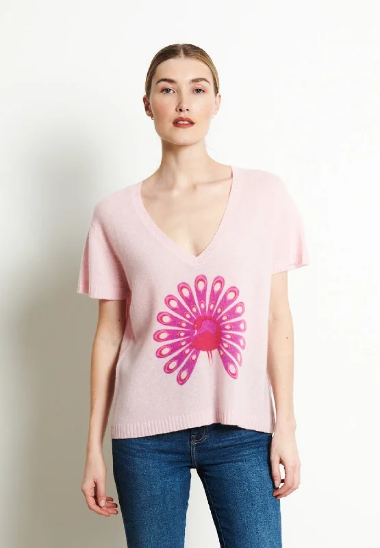 RIA 5 T-shirt col V en cachemire imprimé paon rose baby Ribbed Striped Patterned