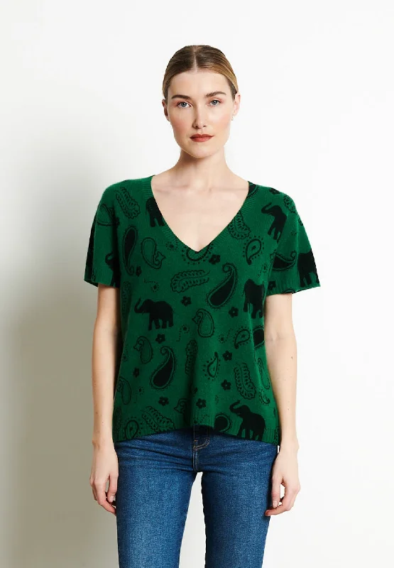 RIA 6 T-shirt col V en cachemire imprimé éléphant vert émeraude Sequined Glittery Shiny RIA 6 T-shirt col V en cachemire imprimé éléphant vert émeraude Sequined Glittery Shiny