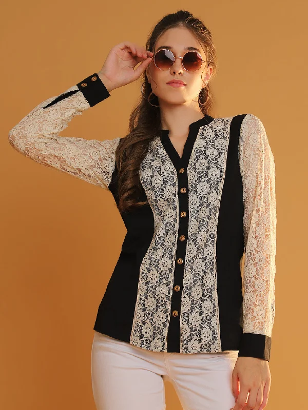 Women Black Full Sleeves Mandarin Collar Shirt with Patch Lace Fabric Welt Pockets Slit Pockets Flap Pockets Women Black Full Sleeves Mandarin Collar Shirt with Patch Lace Fabric Welt Pockets Slit Pockets Flap Pockets