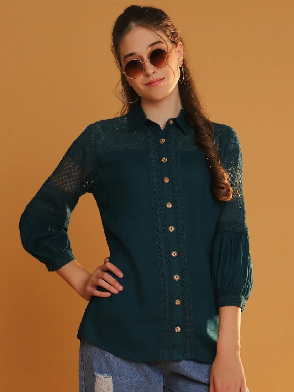 Women Collared Bottle Green 3/4 Sleeves Shirt with Lace Detail Rayon Fabric Velvet Fabric Corduroy Fabric Women Collared Bottle Green 3/4 Sleeves Shirt with Lace Detail Rayon Fabric Velvet Fabric Corduroy Fabric