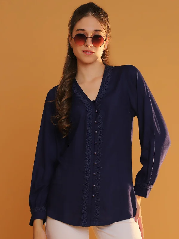 Women Navy Blue V-Neck Full Sleeves Shirt with Lace Placket Detailing Embroidered Appliqued Beaded Women Navy Blue V-Neck Full Sleeves Shirt with Lace Placket Detailing Embroidered Appliqued Beaded