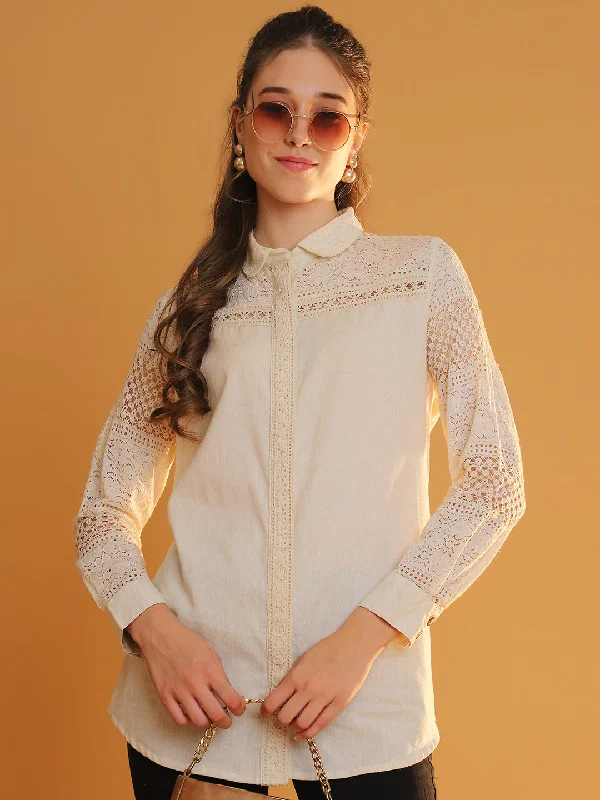 Women Off-White Lace-Detail Full Sleeves Shirt - Elegant & Timeless Satin Blend Silk Blend Wool Blend Women Off-White Lace-Detail Full Sleeves Shirt - Elegant & Timeless Satin Blend Silk Blend Wool Blend