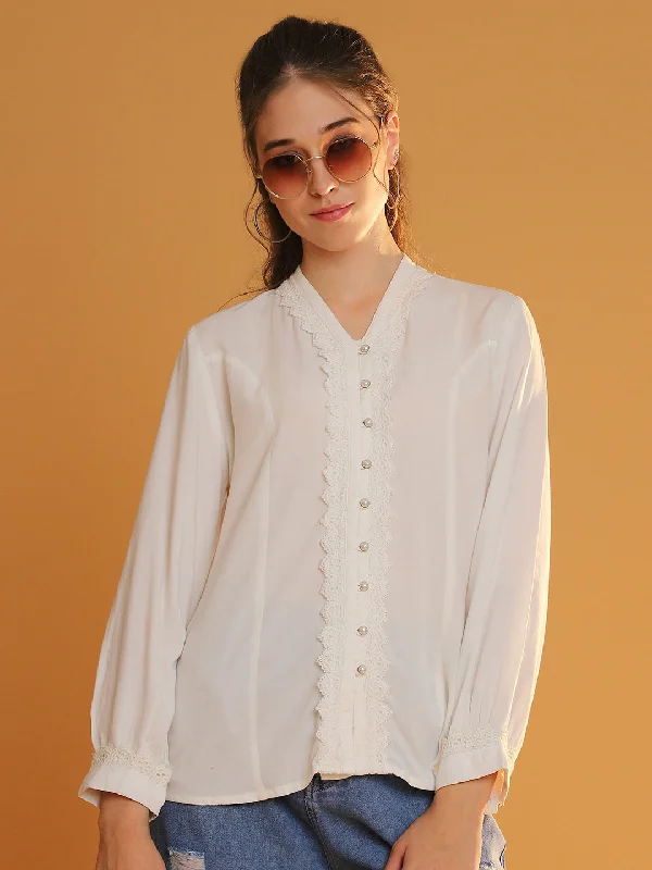 Women White V-Neck Full Sleeves Shirt with Lace Placket Detail Jersey Fabric Tulle Fabric Batik Fabric Women White V-Neck Full Sleeves Shirt with Lace Placket Detail Jersey Fabric Tulle Fabric Batik Fabric
