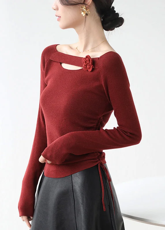 Classy Red Cinched Hollow Out Floral Knit Shirts Winter Basic T-Shirt Crew Neck Short Sleeve Classy Red Cinched Hollow Out Floral Knit Shirts Winter Basic T-Shirt Crew Neck Short Sleeve