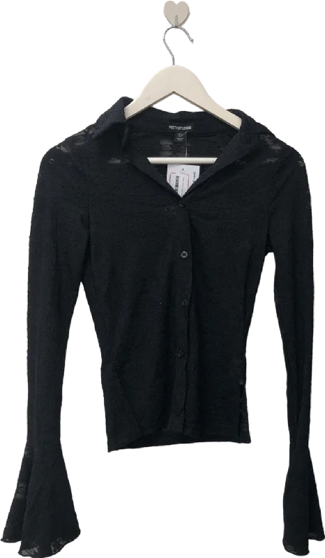 PrettyLittleThing Black Lace Button Up Long Sleeved T-shirt UK 6 Hooded Caped Shawl Collar PrettyLittleThing Black Lace Button Up Long Sleeved T-shirt UK 6 Hooded Caped Shawl Collar